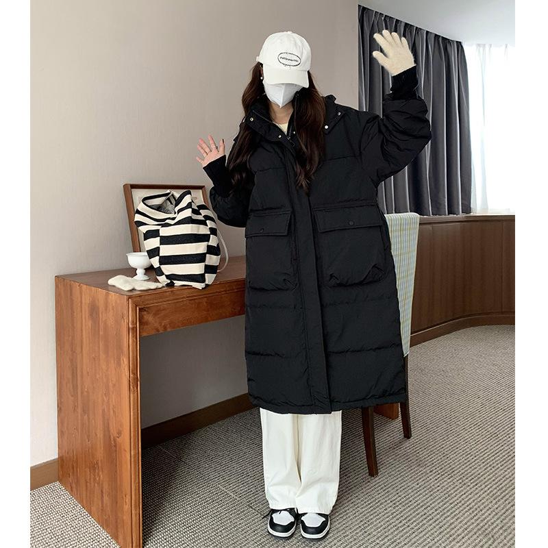 2025 Fall/Winter New Mid-length Down Padded Jacket Women's Korean Version Large Pocket Hooded Loose Thickened Cotton Jacket