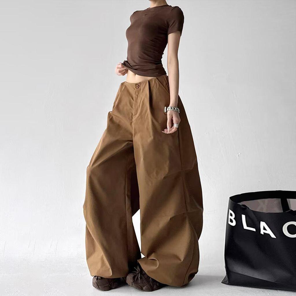 Women's Gray High-Waisted Wide-Leg Workwear Pants - Loose, Slimming, Casual Straight-Leg Parachute Style for Early Spring 2026