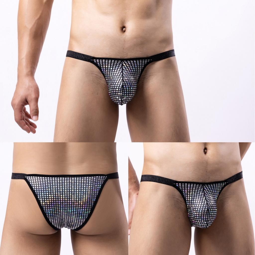 String sexy pour homme, slip brillant à paillettes, taille basse, pochette, sous-vêtement taille haute, culotte de bikini souple et élastique, lingerie