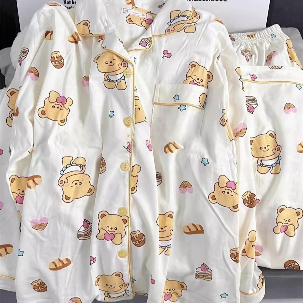 Soft cute princess wind sweet cute honey bear pajamas women's summer short-sleeved shorts two-piece cardigan loungewear