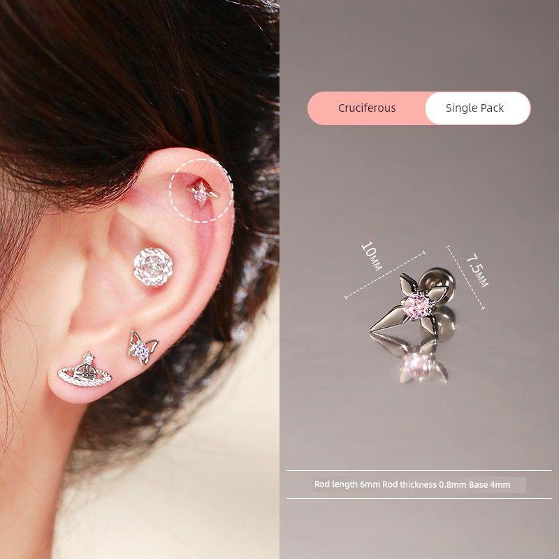 

Super Flash Zircon Rose Cut Stud Earrings Titanium Steel High Otica Ear Ear Bone Pin Ear-Caring Removal-Free before Sleep Earrings for Women [Cruciferous (single)] 0.8mm thick rod 6mm long
