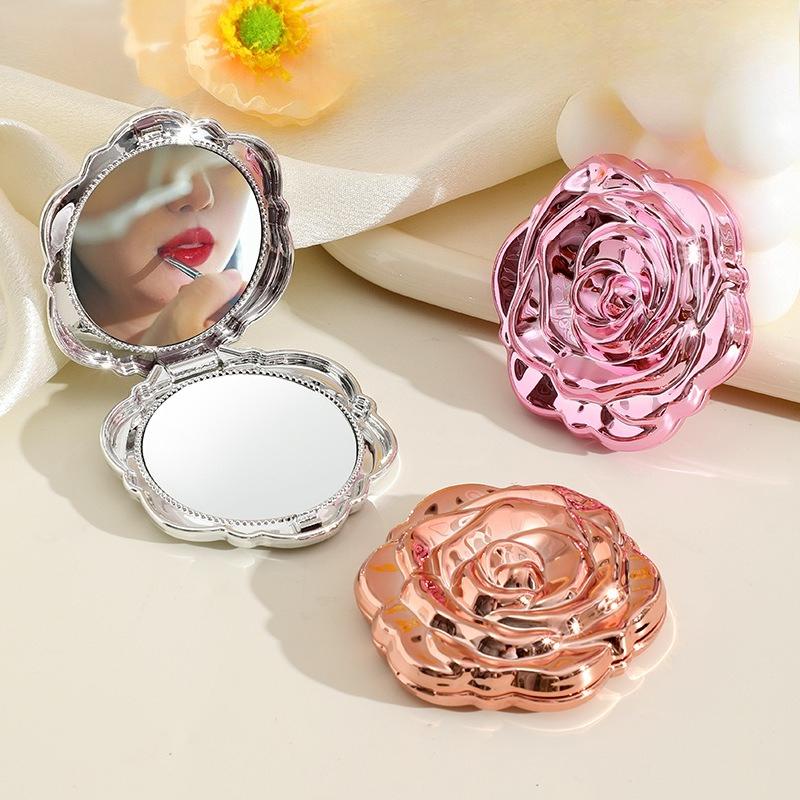 Rose-flowered Small Mirror, Student Portable Folding Mirror, Travel Pocket Mirror, Electroplated Flip Cover Makeup Mirror