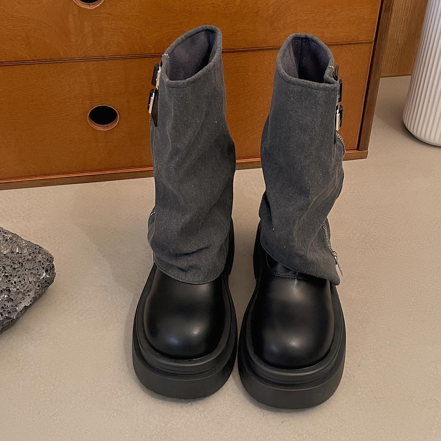 

Khaki retro thick heel platform Martin boots women s 2025 new autumn small man heightening Maillard short boots 35 чёрный