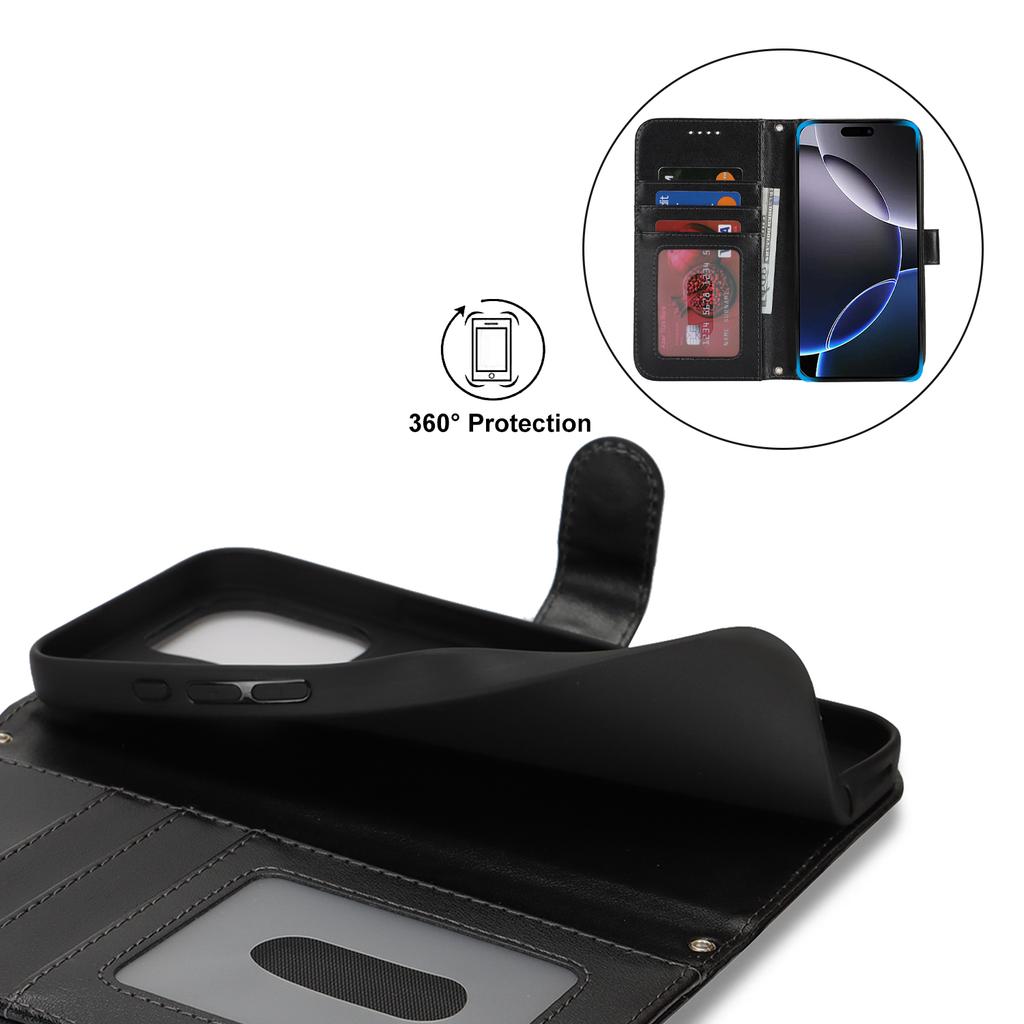 For iPhone 16 Pro Stand Case Textured Leather Wallet Phone Cover with Strap