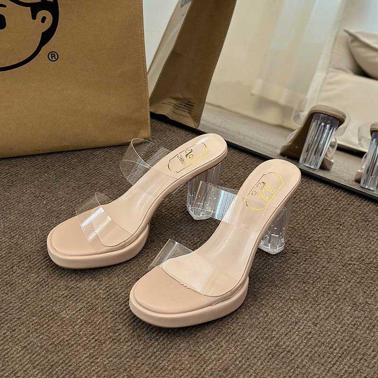 

Прозрачные туфли на высоком каблуке женские летние новые водонепроницаемые туфли с одним словом на ремешке супер высокие каблуки тапочки с кристаллами на толстом каблуке босоножки женские 34