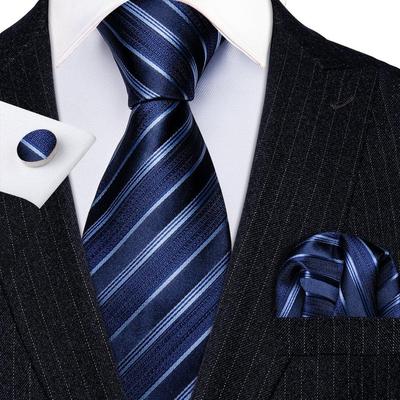 Cool Silk Tie for Men Red Black Striped Necktie Hanky Cufflinks for Party Dating Business