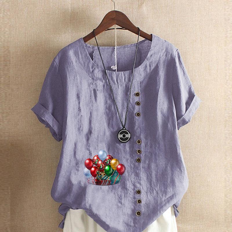 Women's Fashion Balloon Prined Round Neck Short Sleeve T-shirt Casual Cotton Linen Graphic Shirt Leisure Loose Summer Blouse Tops