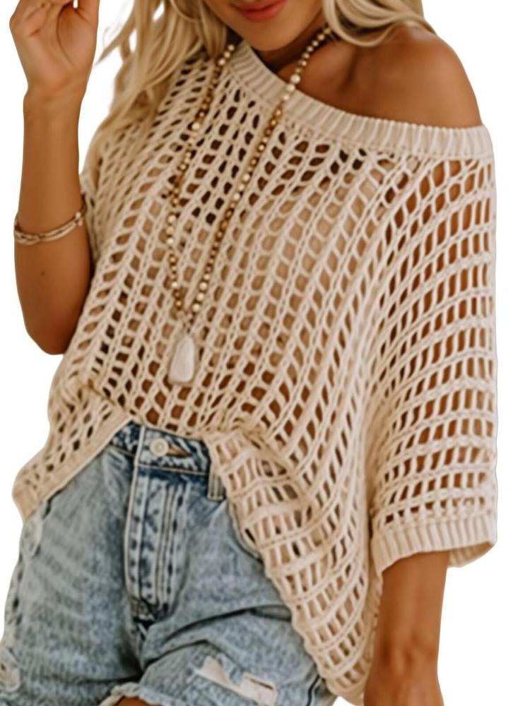 

Літній топ з рукавом п ять чвертей, сексуальний з вирізами, пуловер, пляжна накидка, светр, в язаний светр для жінок 2XL бежевий