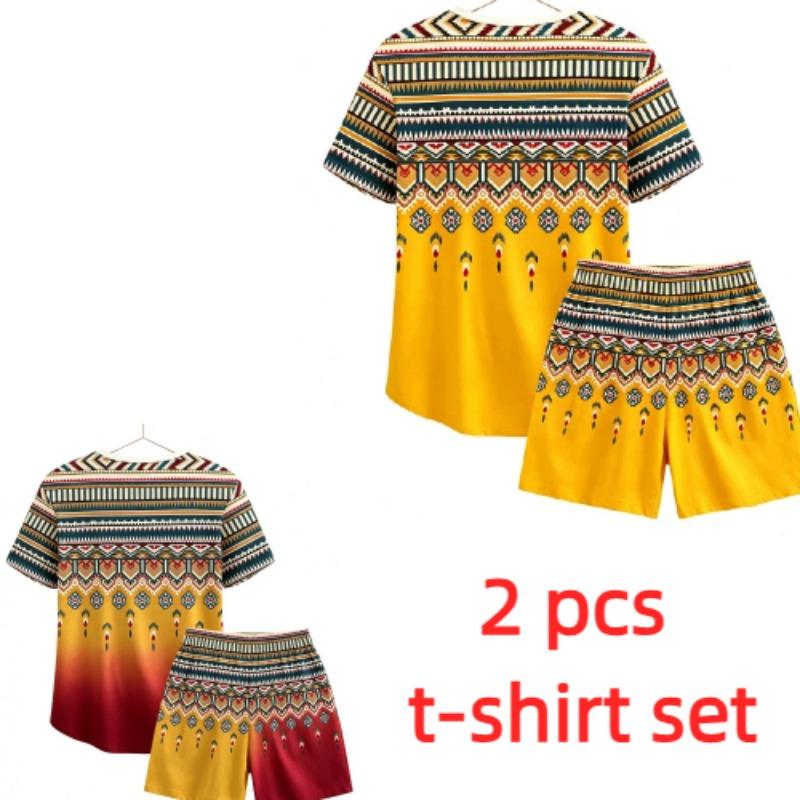 Summer Fashion Ethnic Style Geometric 3D Printed Round Neck Short Sleeved Kids T-Shirt And Shorts Set Boy's and Girl's T-shirt Shorts Set
