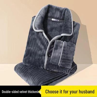 Herren Dickes Plüsch-Korallenfleece Schlafanzug-Set - Gemütliche Langarm-Flanell-Loungewear für Drinnen und Draußen