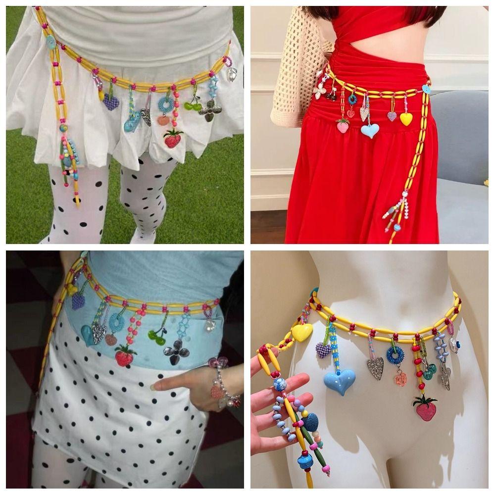 Y2K Dopamine Colored Beaded Waist Chain Hollow Out Bohemian Body Chain Metal Waist Chain  Summer