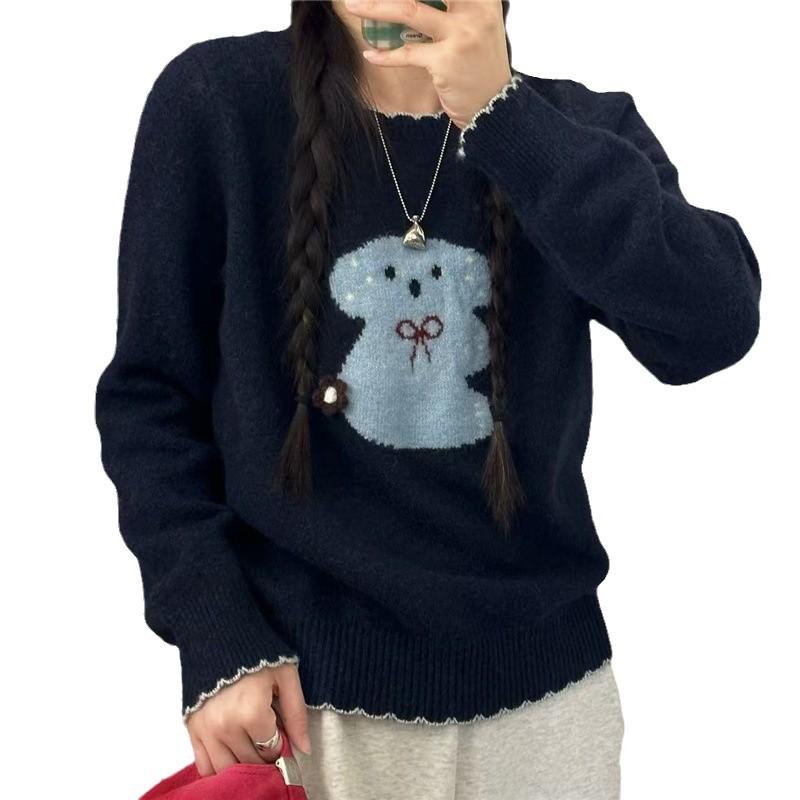 Cozy Style Bear Sweater - Women's Loose Fit Knitted Pullover for Autumn/Winter 2024, Korean Edition