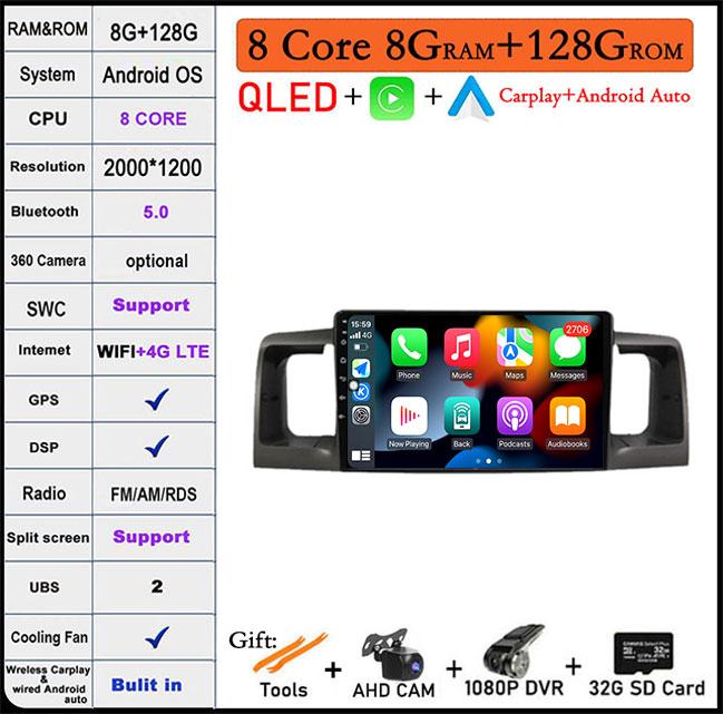 Android 14 For Toyota Corolla E120 E 120 Byd F3 2007-2011 Dsp 4G LTE Car Video Radio Multimedia GPS Player Carplay