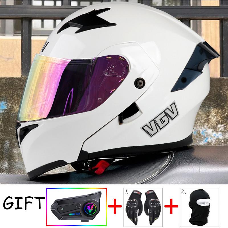 VGV Double Lens flip up helmet Openable motorcycle helmet come with wireless headset gloves headgear Value Promotional Packages