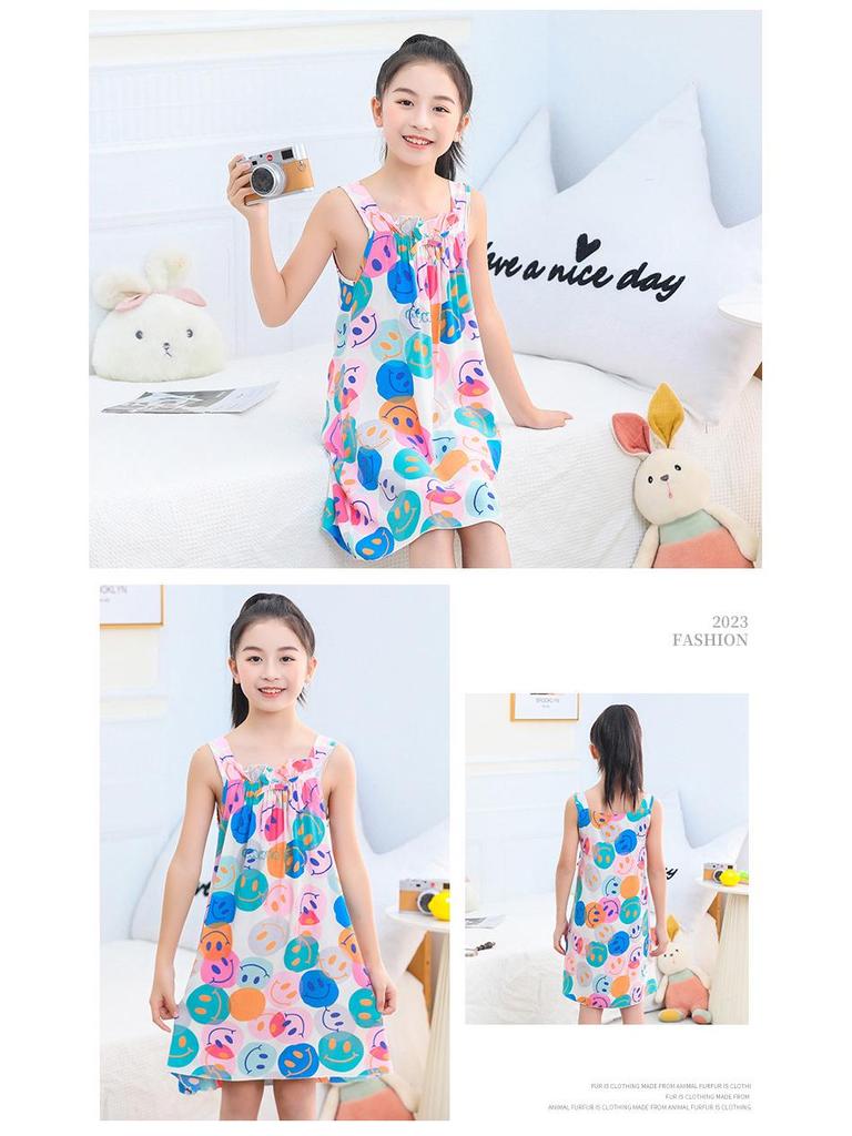 Summer Girls' Sleeveless Cotton Gauze Nightgown Pajamas