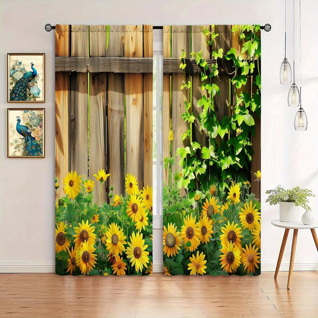 2pcs Sunflower Printed Curtain for Home Decor - Rod Pocket Window Treatment for Bedroom, Office, Kitchen and  Living Room