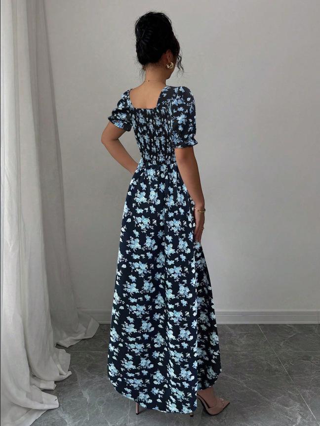 2026 Women's Summer Floral Print Puff Sleeve Square Neck Dress - French Style Holiday Tea Party Skirt