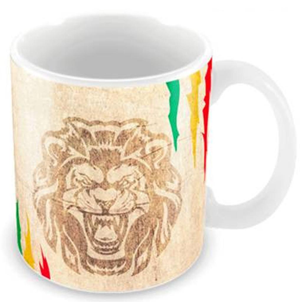 Les Trésors De Lily [A3284] - Mug porcelaine 'Jamaica' beige vert jaune rouge (lion) - 9. 5x8 cm