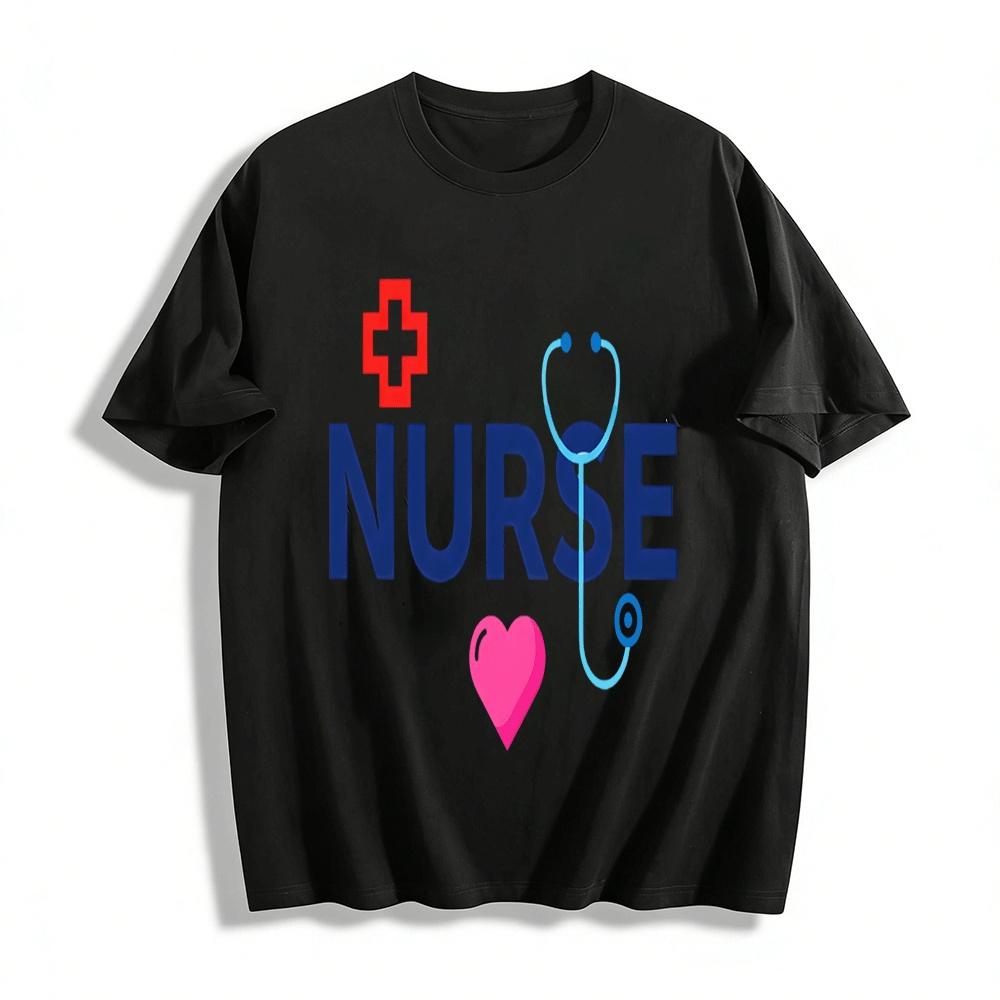 Nurse Themed Printed Casual T-Shirt With Heart Stethoscope Pure cotton T-shirt XXS