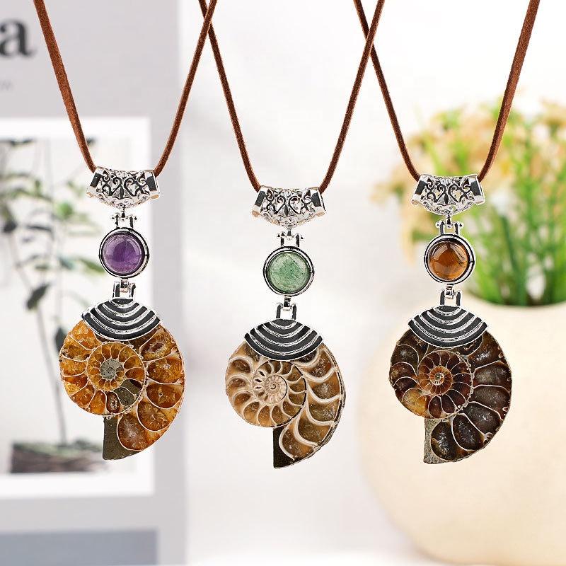 European American Fashion Creative Design Natural Conch fossil Pendant Semi-precious Stone Inlay Herringbone Pattern Accessory
