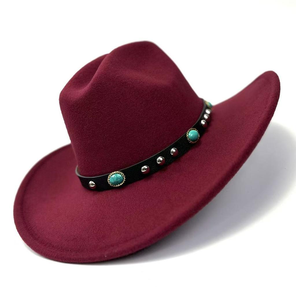 New Western Cowboy Hat, Black Woolen Jazz Top Hat, Four Seasons Men'S And Women'S Turquoise Crimped Felt Hat