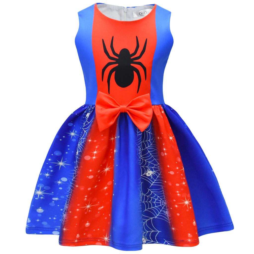 New Halloween Models, Sleeveless Girls' Skirts, Grid Cartoon Digital Printing, Bow Girls' Dresses + Bags.