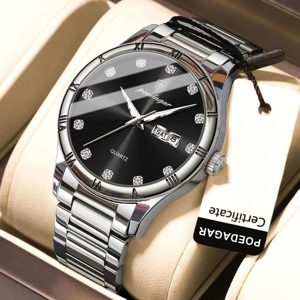 POEDAGAR Top Luxury Watch for Man Date Week Waterproof Luminous Wristwatch Quartz Stainless Steel Men's Watches Sports