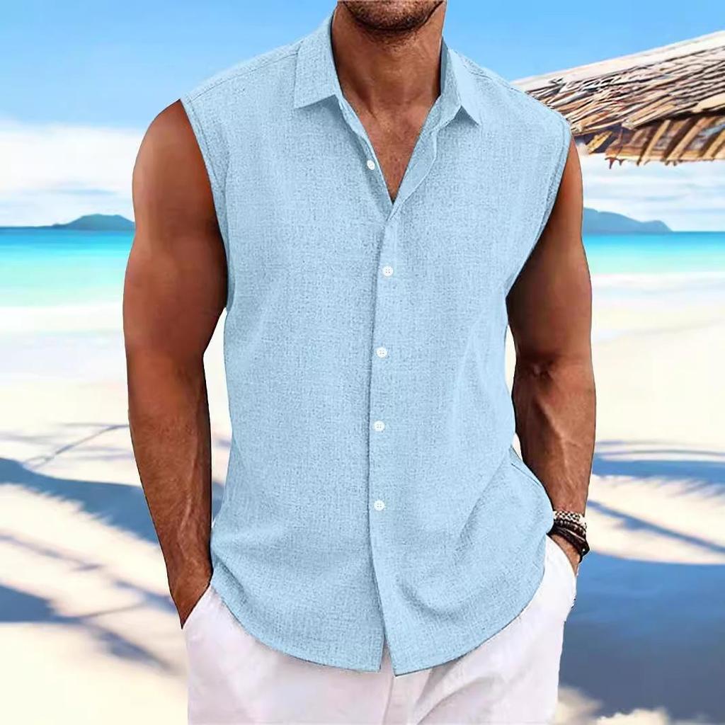 Hawaiian Men's Cotton Linen Sleeveless Beach Shirt