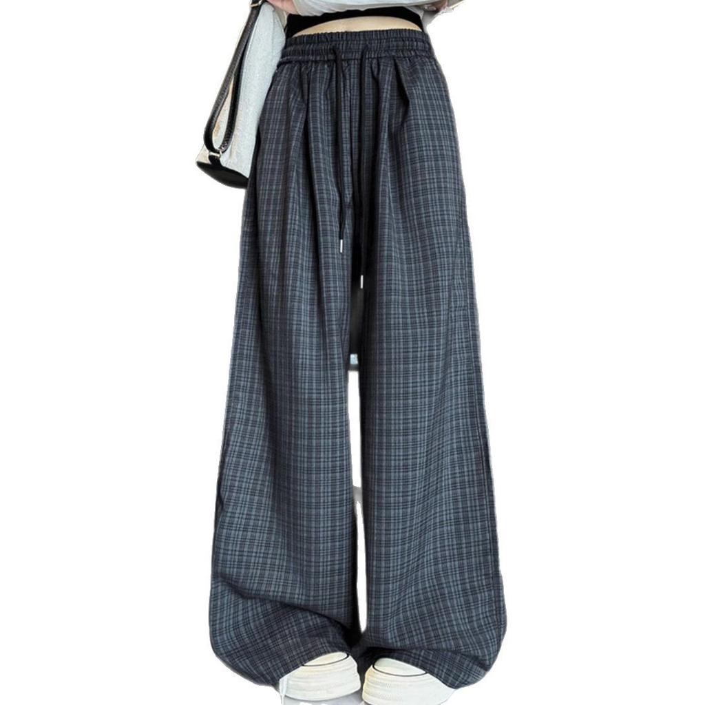 Retro plaid pants women's summer high waist casual loose high waist lazy straight plaid wide leg pants women