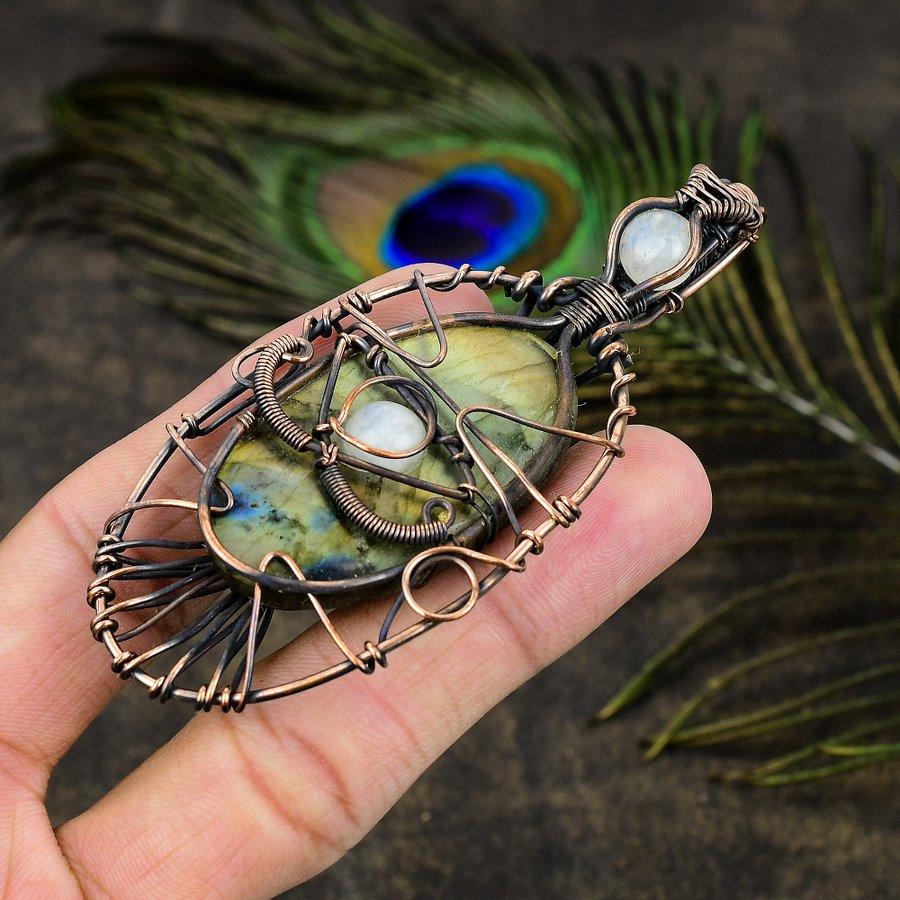Labradorite, Moonstone Copper Wire Wrap Jewelry Pendant 2.44" l2R56