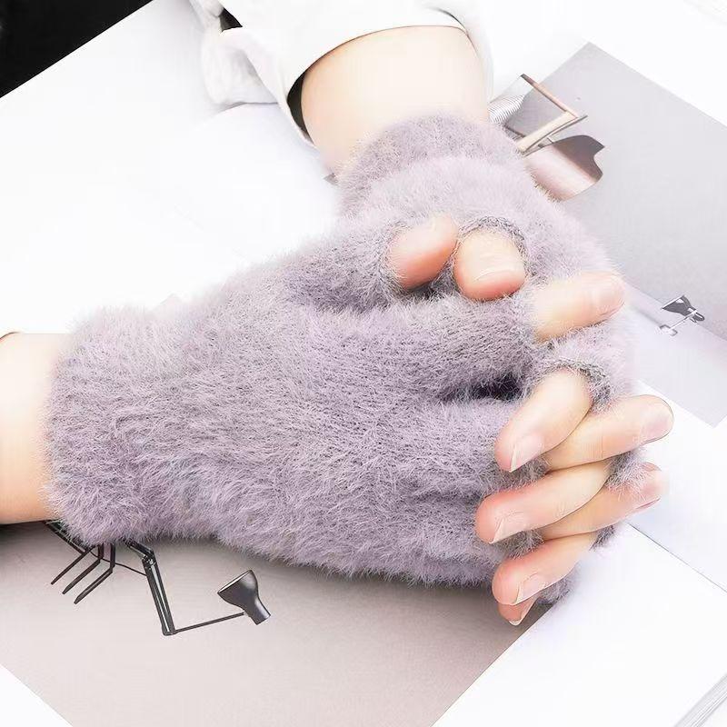 Simple plush gloves women's winter warm finger gloves solid color half finger uncovered student writing flat gloves