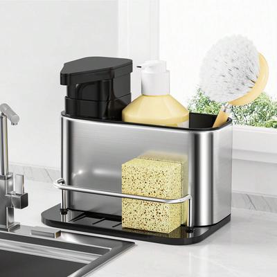 3-in-1-Seifenspender aus Edelstahl für Küchengeschirr, Schwammhalter, Abflussregal für Spülbecken, geeignet für Küchenspülen