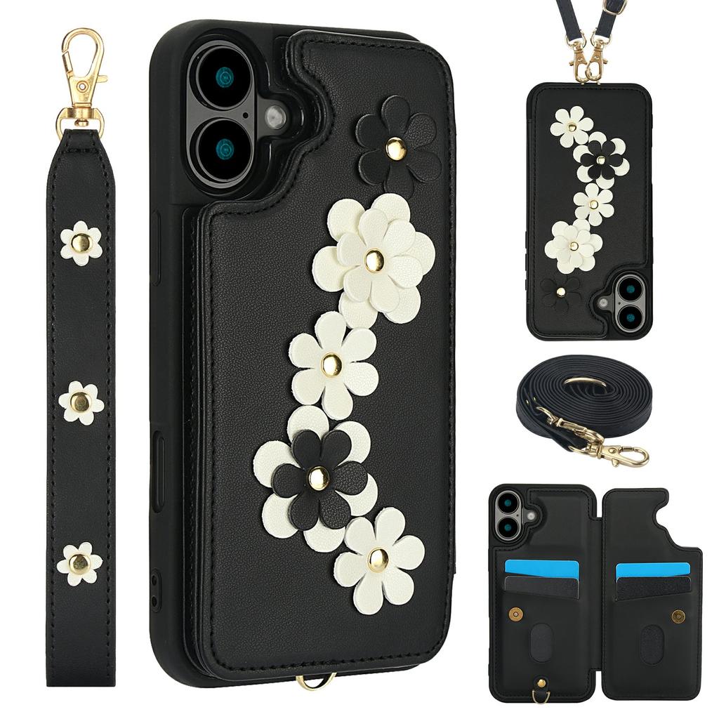 For iPhone 17 Case Card Slots Leather Coated TPU Flower Phone Cover with 2 Straps