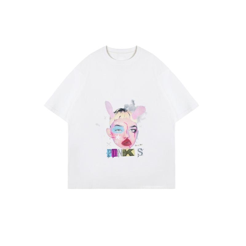 Oversized T Shirt Black Punk Style Graphic Print With Rabbit Ears And Colorful Face Art For Casual Wear
