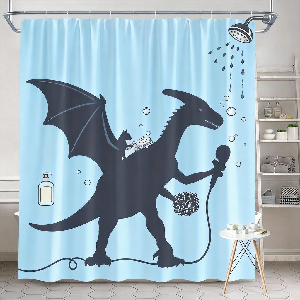 Dinosaur Shower Curtain 1180x180cm – Funny Cat Sidekick, Bathroom Karaoke Scene, 12 Hooks Bath decorative shower curtain