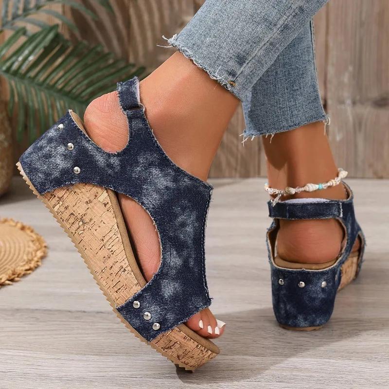 Fashion 2025 Plus Size Female Shoes Open Toe Women's Sandals Summer Denim Daily Sandals Women Round Toe Platform Wedges Shoes Women