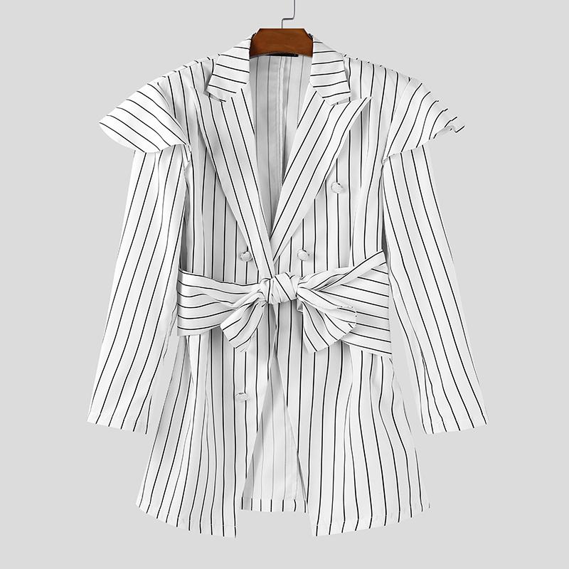 INCERUN Spring Autumn Men Long Sleeve Striped Twisted Waist Thin Blazer Coats