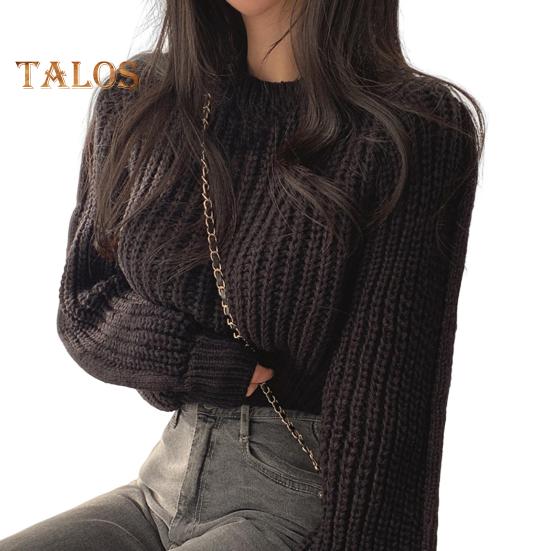 

Осенне-зимний трикотажный топ с круглым вырезом, длинным рукавом, однотонный свободный покрой, повседневный топ с ребристым краем, пуловер, свитер чёрный