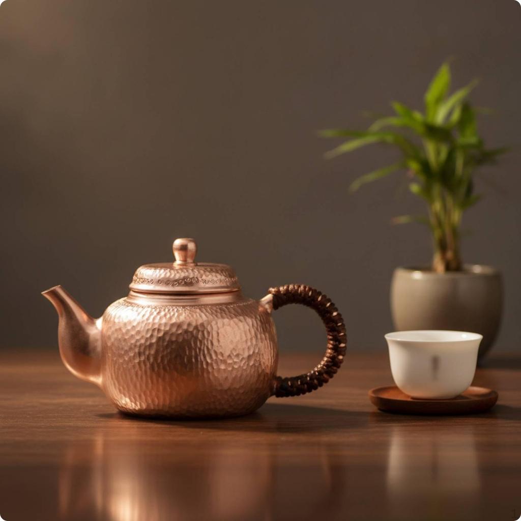 Copper Teapot HandHammered with Lid Polished Tea Maker for Collectors, Kitchen 350ML Wood