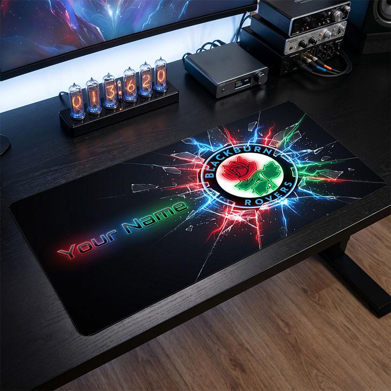 Blackburn Rovers FC Custom Large Mouse Pad, Personalized Name Text Print, Football Logo Non‑Slip Desk Mat Gaming Gift