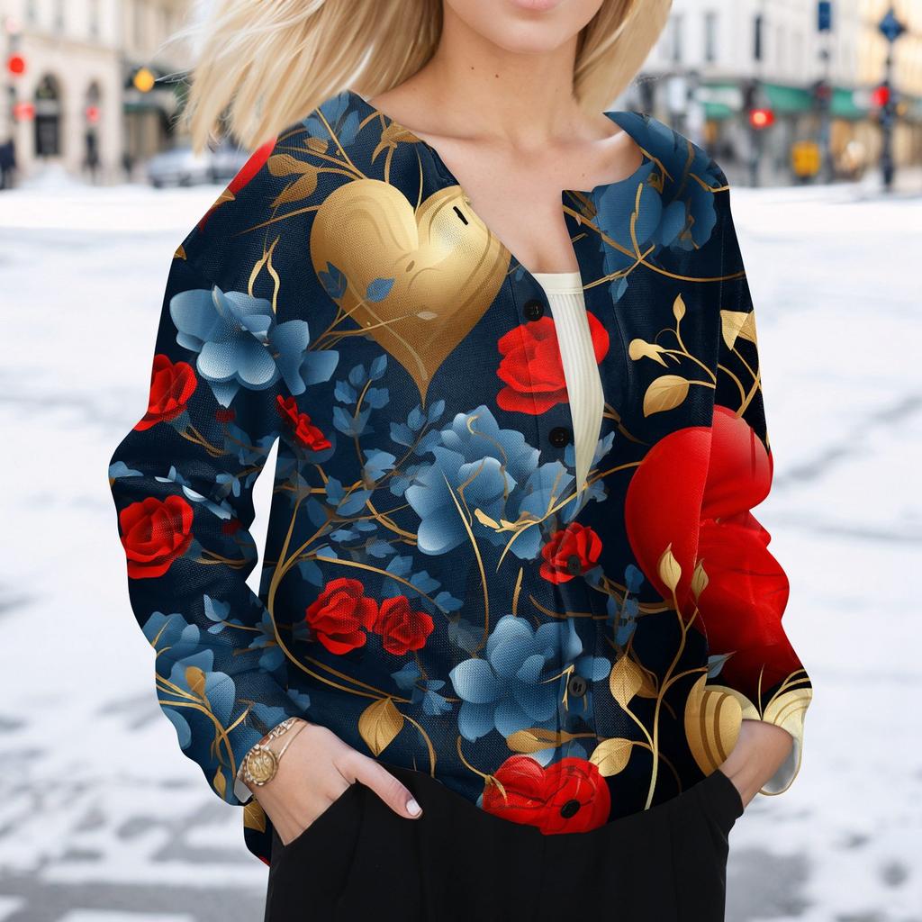 Women's Fashion Valentine's Day Printed Long Sleeve Cardigan Button Jacket