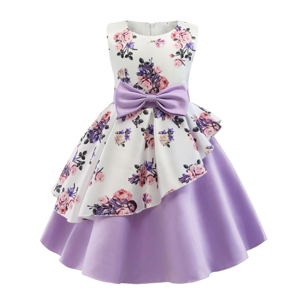 Vestito da Bambina Vestito da Principessa con Fiocco Stampa Floreale Vestito con Orlo Irregolare