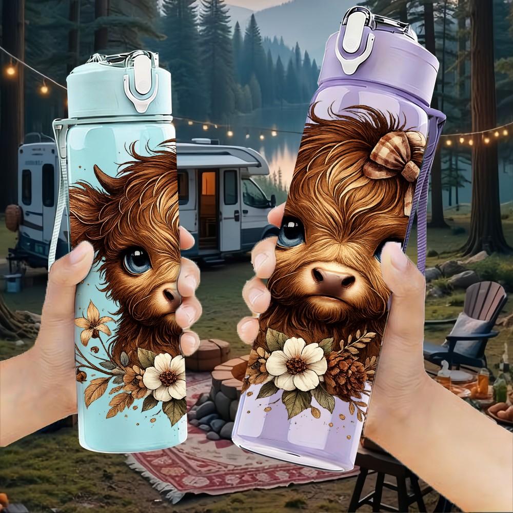 1PC Baby Highland Cow Flower Print 750ml Color Plastic Sports Water Bottle Leakproof Flip Straw Lid Suitable for Sports Office Home Use