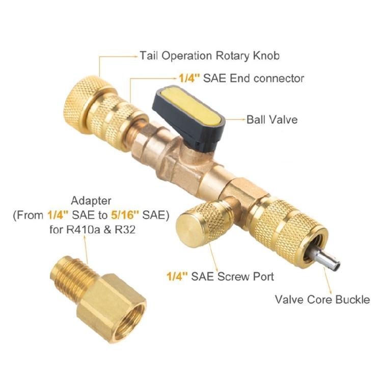 Adapter Remover Installer Tool with Double Size SAE 1/4 & 5/16 Port for R404A R407C R134A R32 R600 HVAC System