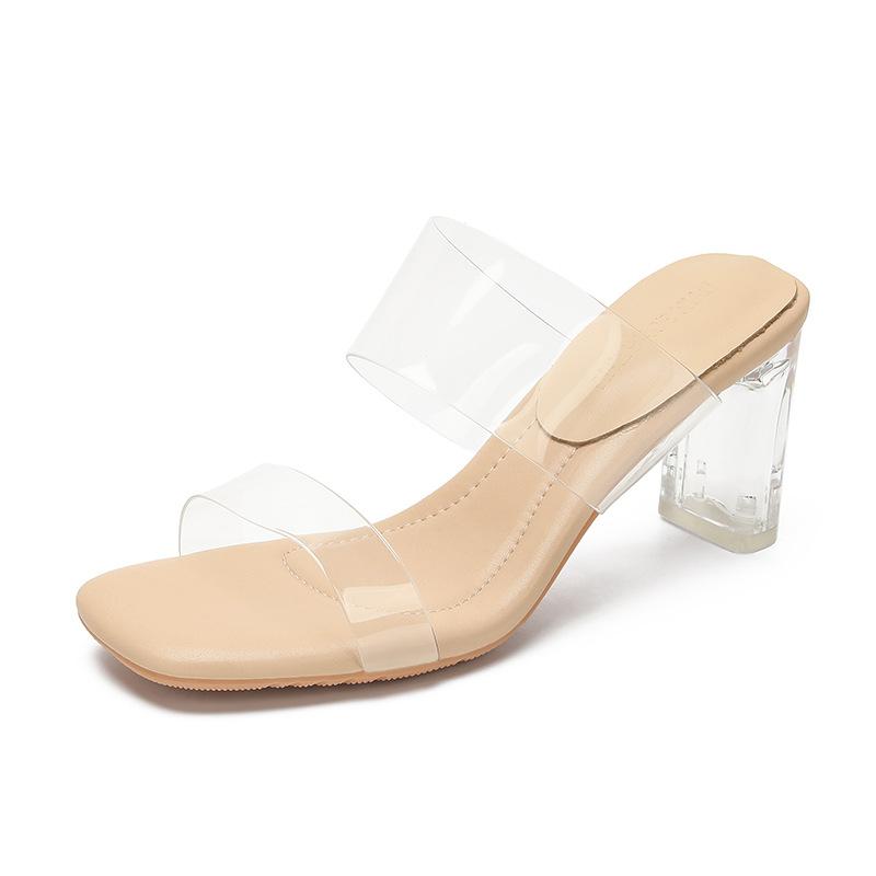 2025 new summer high-heeled slippers for women's summer outer wear new one-word with transparent sandals for women's thick-heeled sandals for women