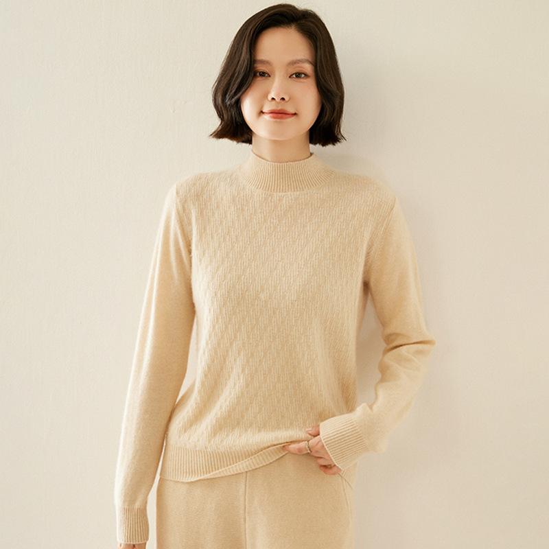 Cashmere Sweater for Women In Autumn and Winter Updated Style for Back-neck Half High Neck Relaxed Fit Long Sleeve Jacquard Base Sweater