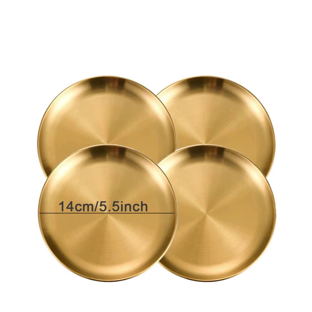 4PC Metal Dining Dish Stainless Steel Round Plate Shallow Tray BBQ Picnic Camping Food Container Tableware Dessert Plate Kitchen