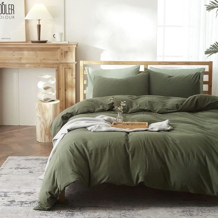 Housse de Couette - Sedefen - 220x240 cm - Vert Olive - Coton Lavé - 2 Taies 65x65 cm