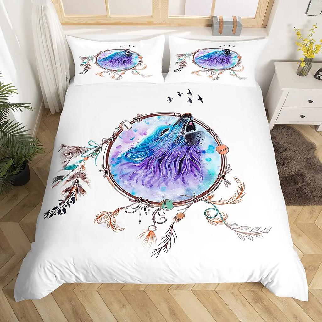 Wolves Dreamcatcher Duvet Cover Set, Animal Prints Queen Size Comforter Cover, Dreamlike Vintage Feather Wolf Bedding 3pcs Sets