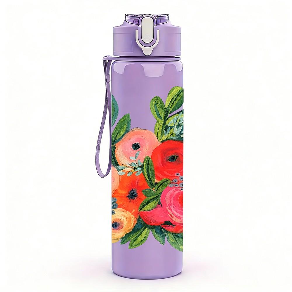 1PC Red Poppy Green Leaf Floral Print 750ml Color Plastic Sports Water Bottle Leakproof Flip Straw Lid Suitable for Sports Office Home Use
